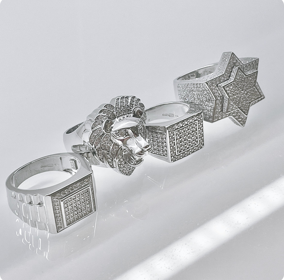 Silver diamond set lion's head ring. Diamonds set in eyes and mane of the lion.